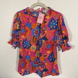 Adeline Clothing Women Pink Floral Short Sleeve Blouse‎ Med NWT Q1